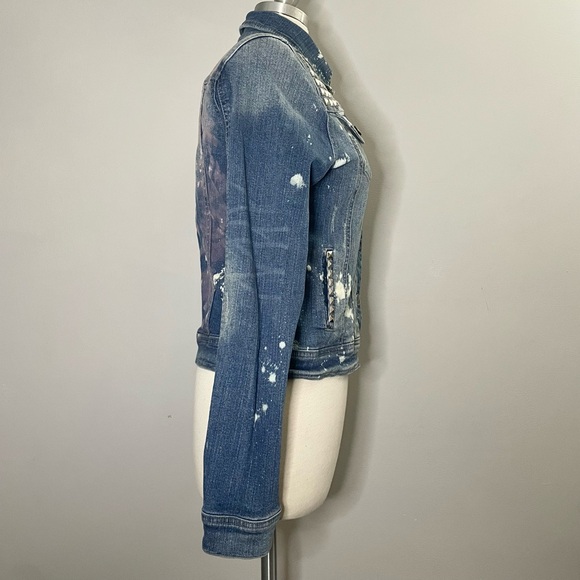 Tuck Studded Bleach-Splattered Lion Graphic Button Up Denim Jean Jacket - Picture 2 of 8